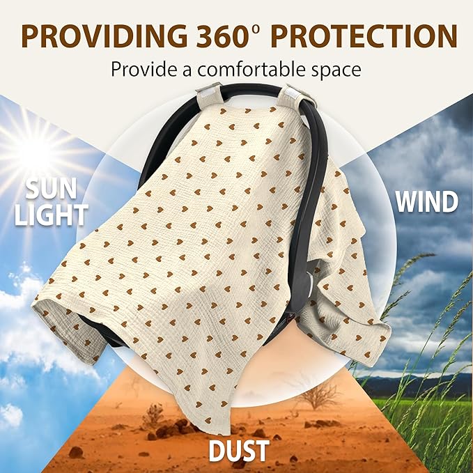 100% Organic Muslin Cotton Car Seat Cover 35 x 50 Inches Soft Touch Breathable Canopy, Protective Car Seat Cover Baby All Seasons Lightweight Car Seat Cover Travel Comfort (Beige Hearts)