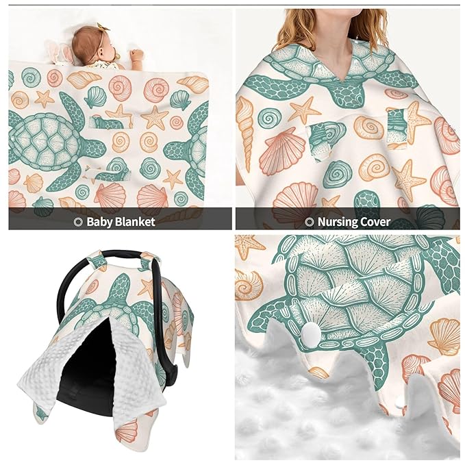 KiuLoam Sea Turtles Starfish Seashells Baby Car Seat Canopy, Nursing Cover for Mom Breastfeeding Scarf, Infant Car Seat Cover/Multiuse Baby Stroller Covers for Babies Boys Girls