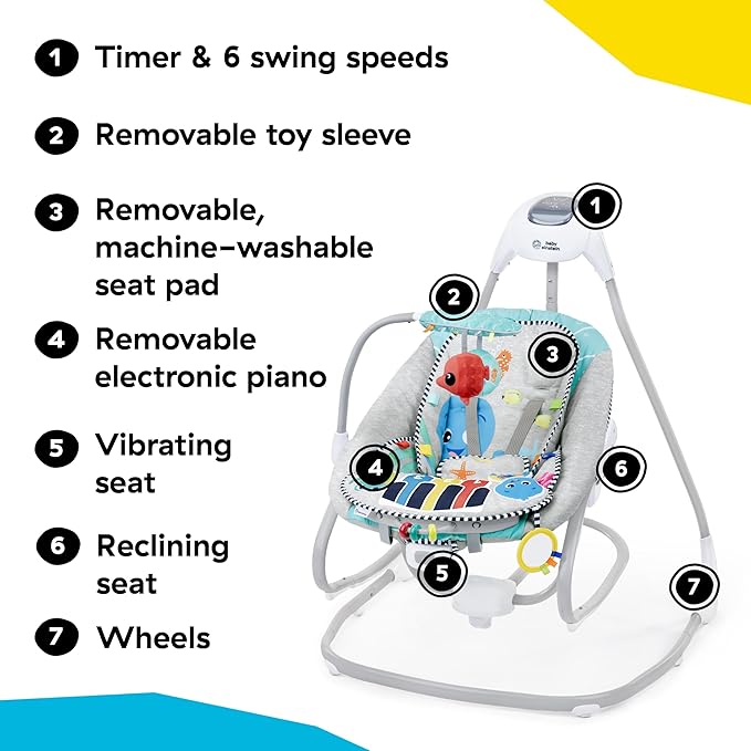 Baby Einstein Explorers Kick to It 4-in-1 Musical Baby Swing & Rocker, with Removable Piano Toy, Ages 0 Months and Up