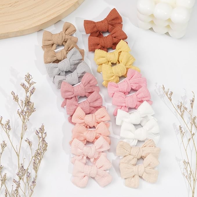 CÉLLOT 40 Pieces 2inch Girls Hair Bows Linen Fabric Bows Alligator Clips Hair Accessories for Baby Toddlers and Infants（20 Pairs Mini Bow）