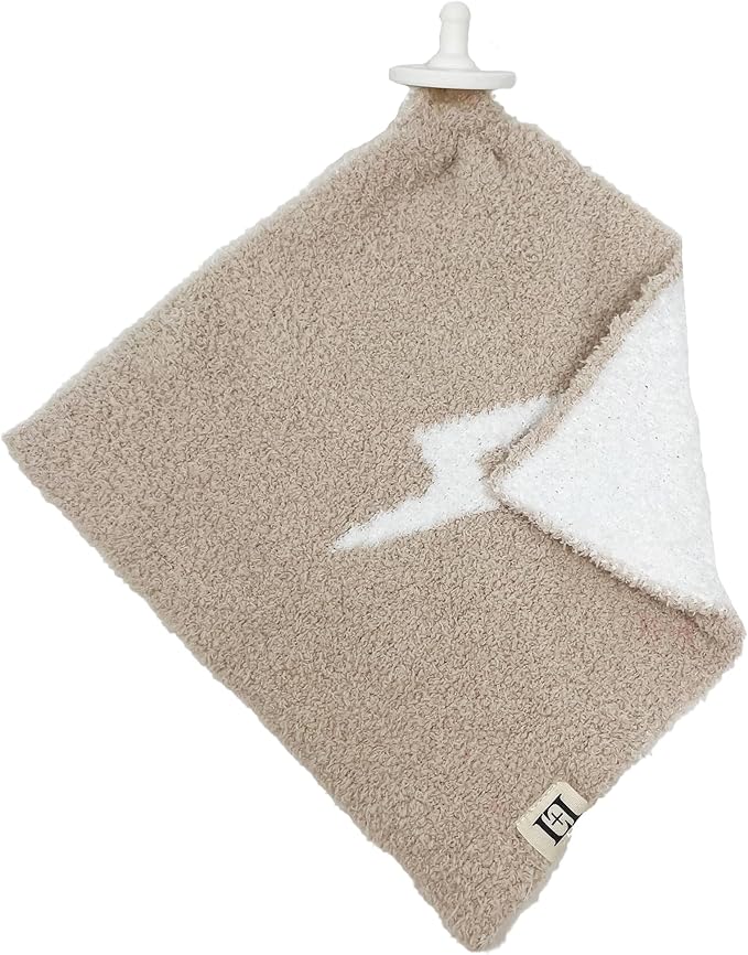 L+L USA Lightning Bolt Baby Lovey Pacifier/Teether Holder 10"x10" - DreamSoft Plush Fluffy Cuddly Soothie Reversible Mini Comfort Blanket - Cute Newborn Gift Essential Babies Boys Girls (Tan/White)