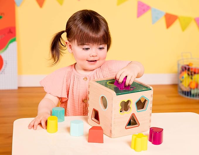 B. toys – Wonder Cube– Developmental Toy– Wooden Shape Sorter Cube – 9 Colorful Shapes – Educational Wooden Toy for Toddlers, Kids – 18+ Months