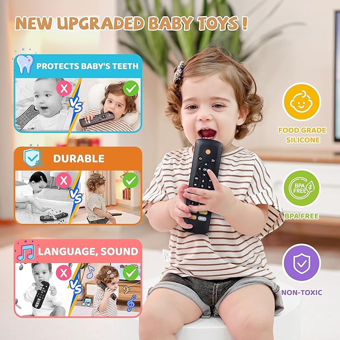 Baby TV Remote Toy - Realistic Play Remote toy with Lights and Sounds, 3 Languages (English, Spanish & French), Learning Musical Toys, Preschool Infant Boys Girls Toys Gift for 1 2 Year Old, Black.