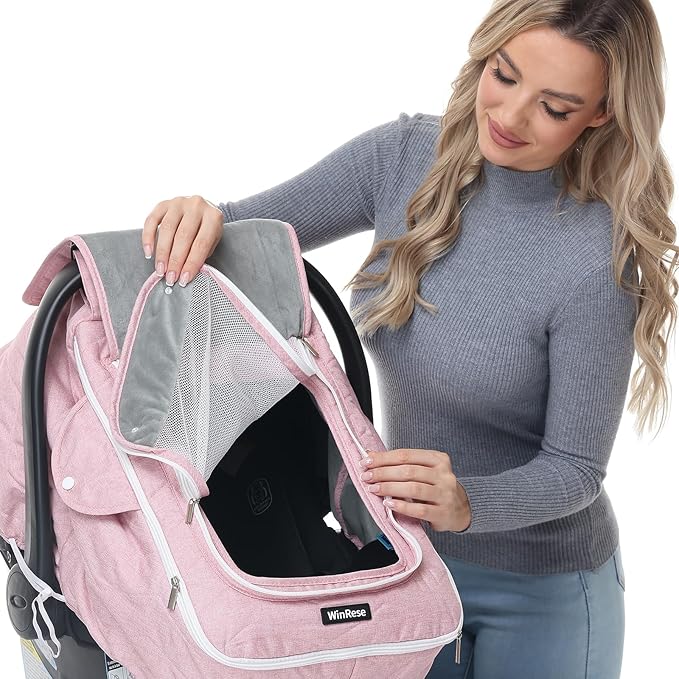Baby Car Seat Cover - 3-Layer Thick Fabric, Waterproof, Breathable Mesh Window - Windproof & Snow Blocking, Keep Baby Warm in Winter - Universal Fit for Infant Car Seat and Carrier - (Pink)