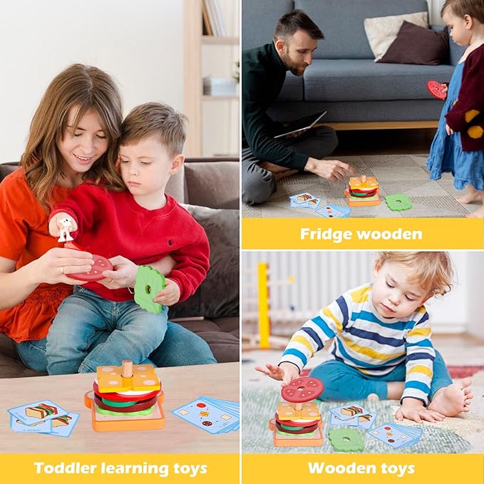 LovesTown Wooden Sandwich Stacking Toys for Kids, Preschool Learning Toys with Cards, Montessori Educational Playset