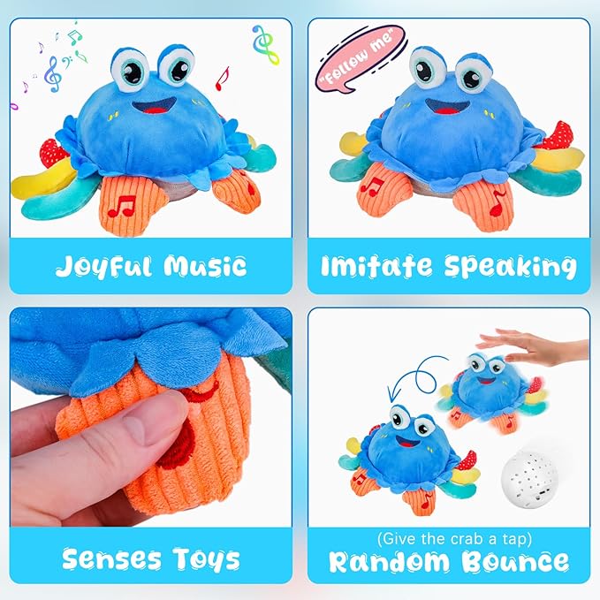 Baby Toys 1 Year Old 6-12 Month Tummy Time Toys Crawling Musical Crab Plush Toy Dancing Walking Moving Bouncing Sensory Toys for Toddlers, Valentine Gifts for Kids
