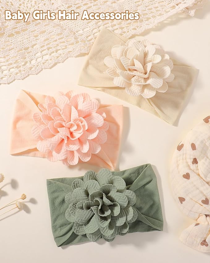 jollybows 6pcs Baby Girls Flower Hair Headbands Nylon Hair Bands Elastic Hair Accessories for Newborn Kids Infants Toddlers Light Color