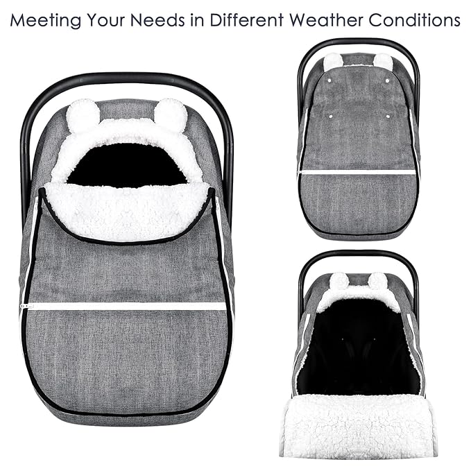 Winter Carseat Cover for Baby Girl Boy, Super Windproof Baby Car Seat Cover Protect Baby from Cold Weather, Plush Fleece Infant Car Seat Cover Canopy, Gray