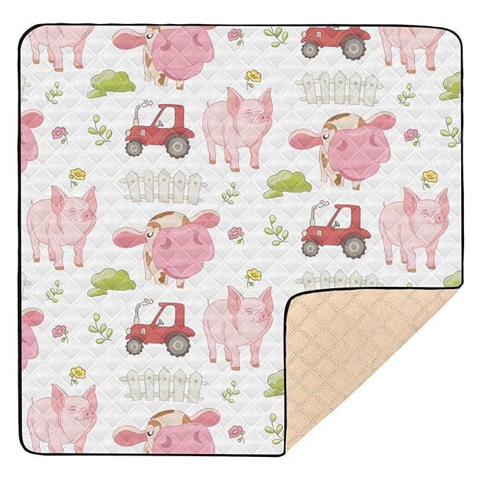 Baby Play Mat Cute Farm Cow Pig and Tractor 50 x 50 Playpen Mat Baby Play Mats for Floor Play Gym Crawling Mat Non-Slip Cushioned Baby Playmat for Infants, Babies, Toddlers
