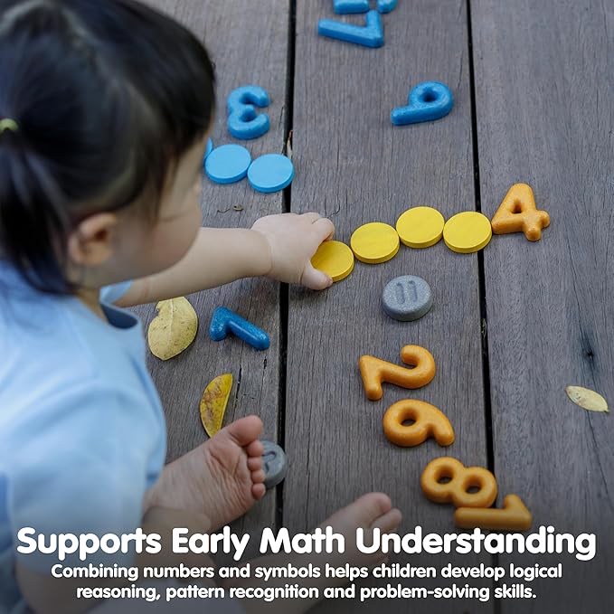 PlanToys® Numbers & Symbols Wooden Learning Set for Kids Ages 3+ | Montessori Educational Resource for Counting, Addition & Subtraction | Eco-Friendly Early Math Toy