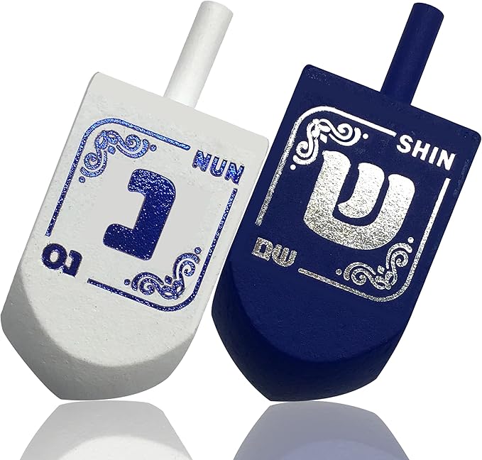 Izzy 'n' Dizzy Hanukkah Dreidels - Extra Large Blue and White Wooden Dreidel - 2 Pack