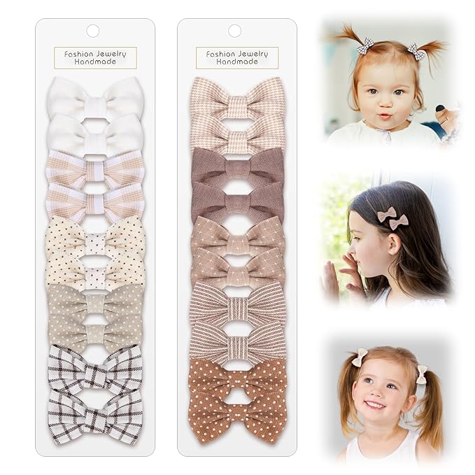 10 Pairs Bows for Baby Girls, Baby Hair Clips Set for Infant Fine Hair, Cotton Bow Hair Clips, Fully Lined Non Slip Alligator Clip without Damaging Hair, Hair Accessories for Girls, Toddler