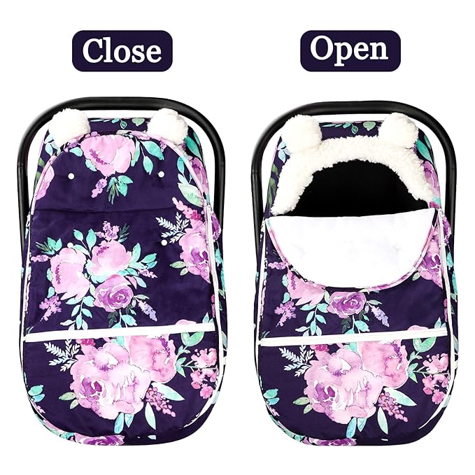 Winter Carseat Cover Girls, Purple Cozy & Warm Cover, Infant Car Seat Canopy, Ultra-Soft Breathable Protect Baby from Cold Wind, Zipped Removable Design