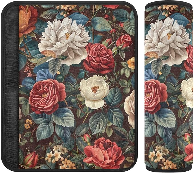 CHIFIGNO Vintage Roses and Peonies Seat Belt Covers Pack of 2 Seatbelt Pads Fashion Car Seat Shoulder Strap Pads for Adults Women Kids