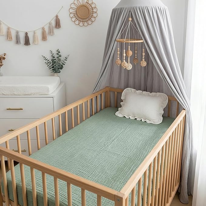 Pro Goleem 2 Pack Muslin Crib Sheets for Boys and Girls, Soft Breathable Neutral Fitted Cotton Baby Bed Sheets Set for Standard Crib Mattress & Toddler Mattress 52"x28", (Grey＆Green)