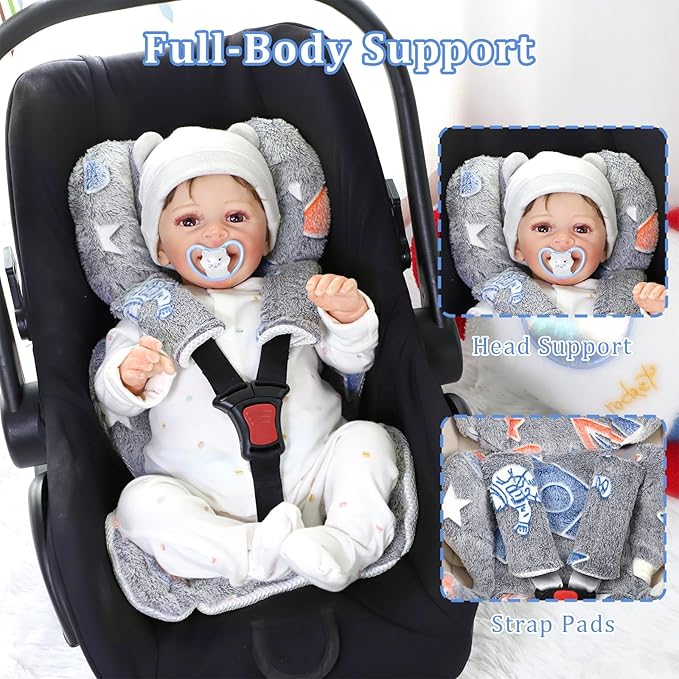 Infant Car Seat Insert Cushion, Baby Car Seat Head Body Support with 2 Extra Strap Paddings, Newborn Car Seat Insert for Baby Girls & Boys, Premature Carseat Cushion, Grey Rocket