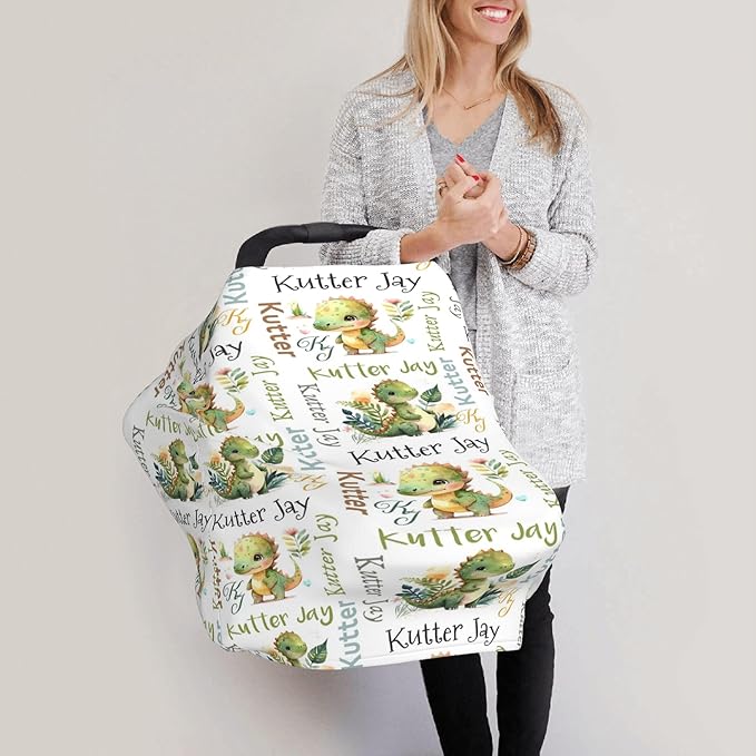 Personalized Dinosaur Baby Car Seat Cover with Name,Multi-Use Canopy for Nursing, Strollers,Shopping Carts,Customized Breastfeeding Cover, Full Privacy,Infant Stroller Cover