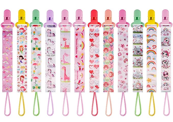 12 Pack Princess Rainbow Unicorn Pacifier Clip for Girls, Cute Magical Printed Pacifier Holder, Secure Clip, Great Baby Girl Shower Gift (Multicolor G 25/26cm)