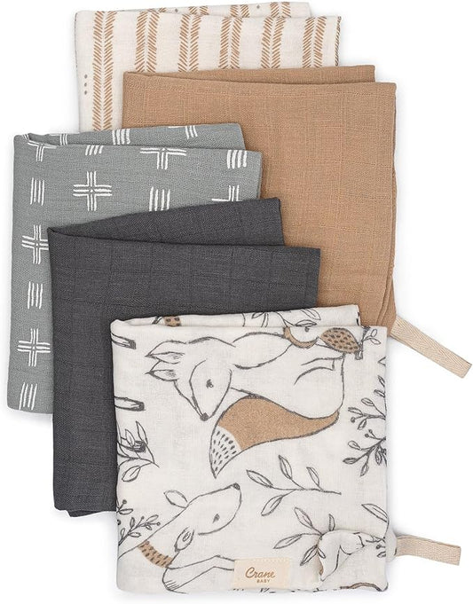 Crane Baby Wash Cloth Set, 100% Cotton, Set of 5, Woodland Animal Theme, Muslin Washcloths for Newborn, Baby Registry Gift