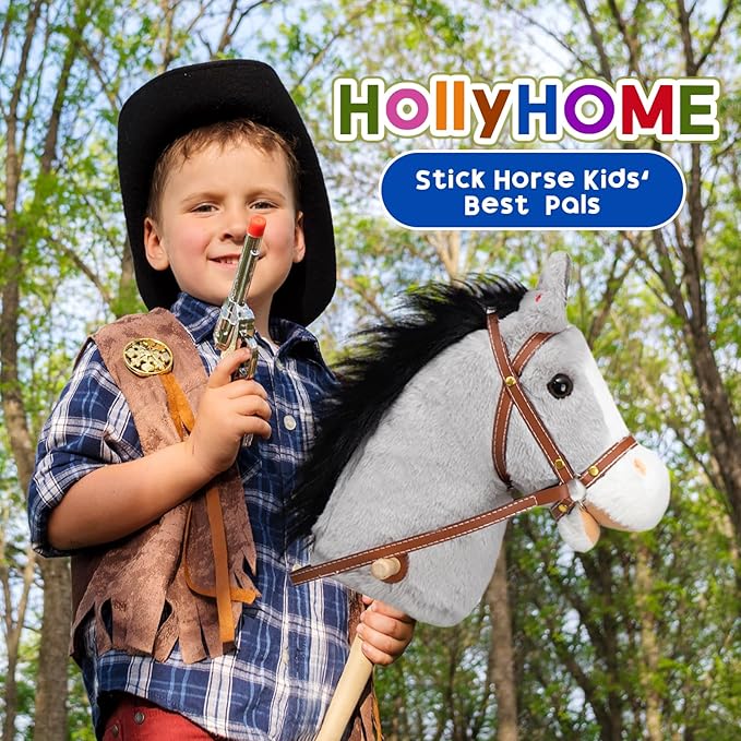 HollyHOME Stick Horse Plush Handcrafted Hobby Horse on a Stick with Wood Wheels Real Pony Neighing and Galloping Sounds for Kids Toddlers Grey 36 Inches(AA Batteries Required)