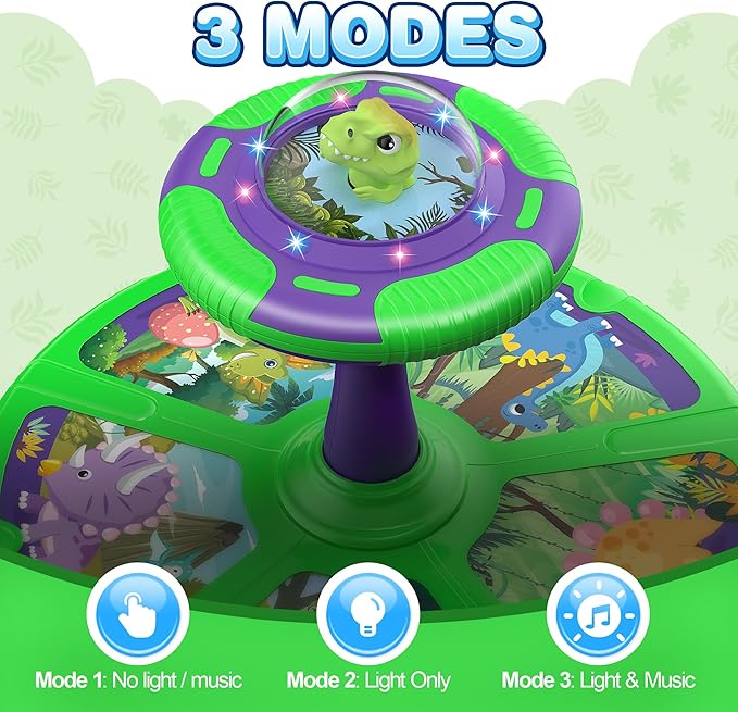 Flooyes Dinosaur Sit and Spin Toys for Toddlers Boys 1 2 3 Years Old, Birthday Gift for Boys Age 2-4 with LED Lights and Music, 360° Spin