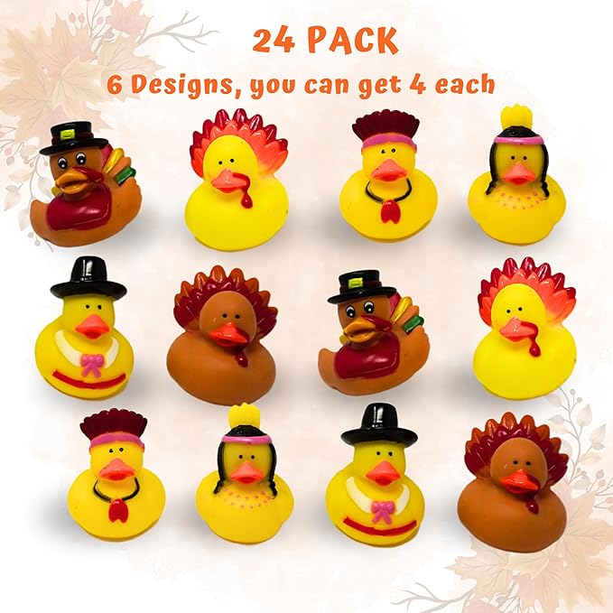4E's Novelty Thanksgiving Rubber Duckies (24 Pack) Thanksgiving Themed Rubber Ducks Bulk Turkey & Pilgrim Ducks, Thanksgiving Party Favors Supplies for Kids Adults, Table Centerpiece, Bath Toys