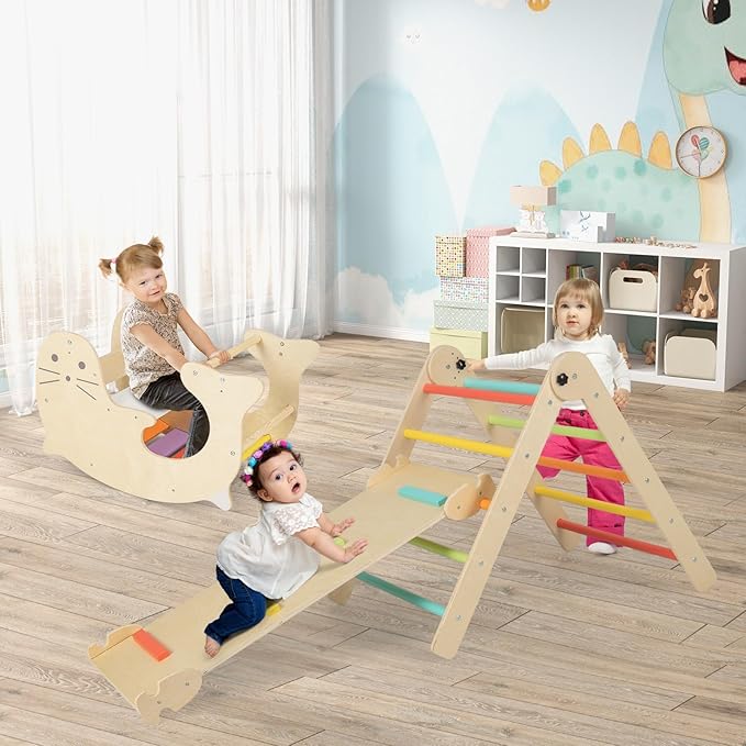 COSTWAY Climbing Triangle with Slide, 7-in-1 Indoor Climbing Frame from 3 Years, Foldable & Height-Adjustable, Indoor Playground Freely Combinable (Colourful)