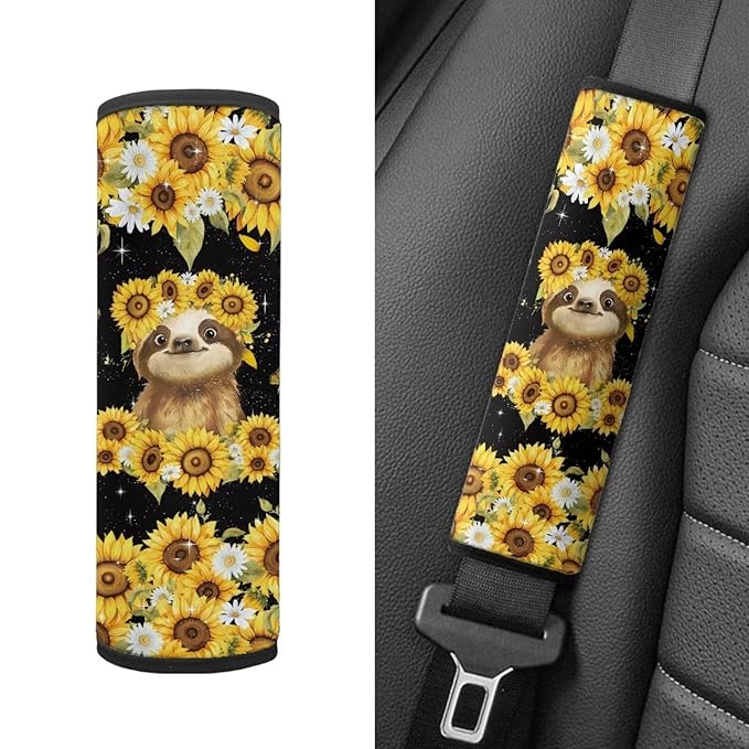 Biyejit Sunflower Sloth Car Seat Straps Shoulder Pads for Baby Kids, 2 Pieces Boys Girls Super Soft Seat Belt Covers for All Car Seats/Pushchair/Stroller