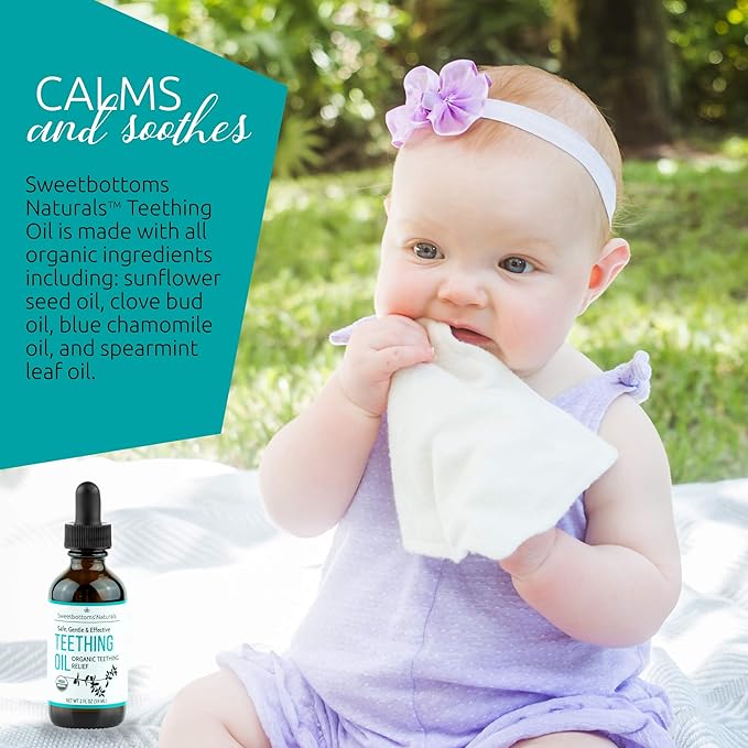 Certified Organic Teething Oil - Ease Teething Discomfort & Sore Gums Quickly & Effectively - Natural Vegan Botanical Ingredients - 2 oz Bottle with Glass Dropper - Baby Teething Relief
