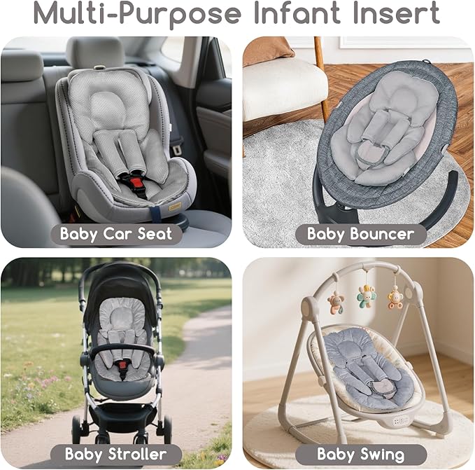 Infant Car Seat Insert for Newborn Girls Boys, Summer Mesh Baby Carseat Inserts with Strap Pads, Soft Reversible Baby Car Seat Insert Cushion Pad for Stroller, Bouncer, Swing, High Chair, Gray