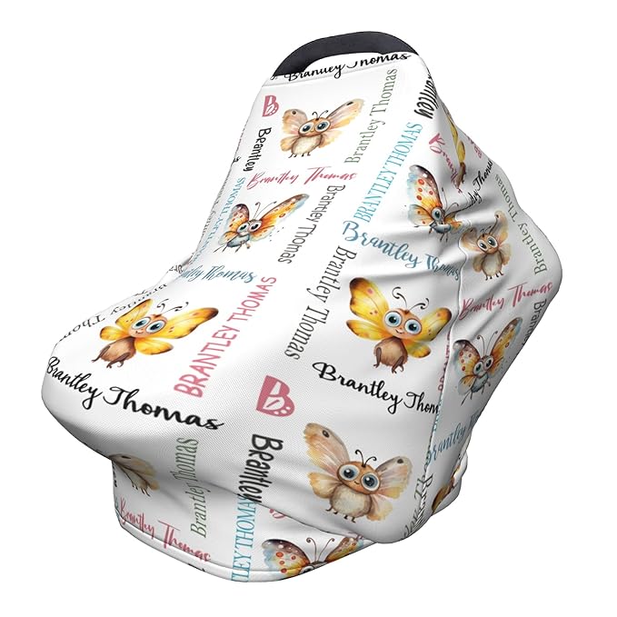 Personalized Baby Car Seat Cover with Name Stroller Canopy Custom Butterfly Carseat Cover Newborn Baby Boy Girl Nursing Cover for Moms First Birthday Gift