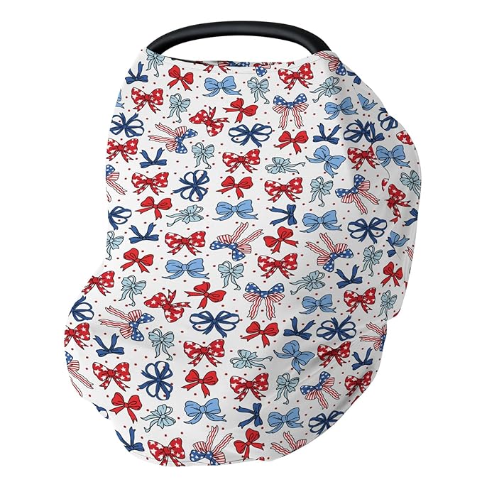 American Flag Bows Stars Car Seat Cover for Baby Patriotic Ribbons Stretchy 5-in-1 Cover Adjustable Car Canopy Cover Cute 4th of July Bows Breathable Nursing Cover-Up