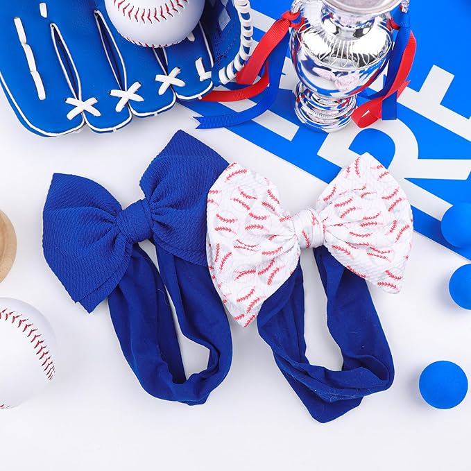 6'' Large Baseball Baby Girl Bows High Stretchy Soft Nylon Headbands for Girl Handmade Hairbands with Bows Hair Accessories for Infant Newborn Blue