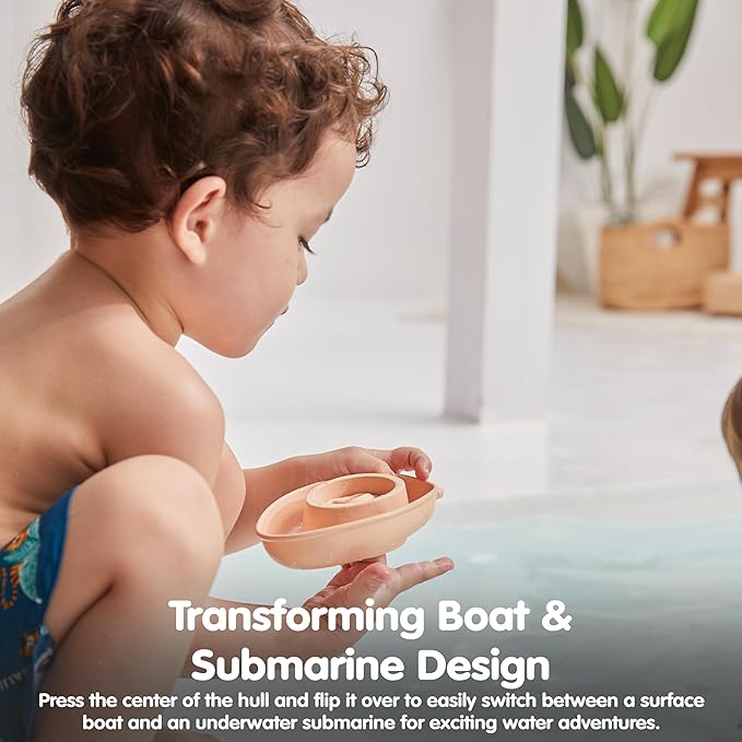 PlanToys® Pastel Orange Rubber Convertible Boat Montessori Water and Sensory Play Toy | Cause & Effect, Imagination and Exploration Activity | Eco Friendly Floating Bath Toy