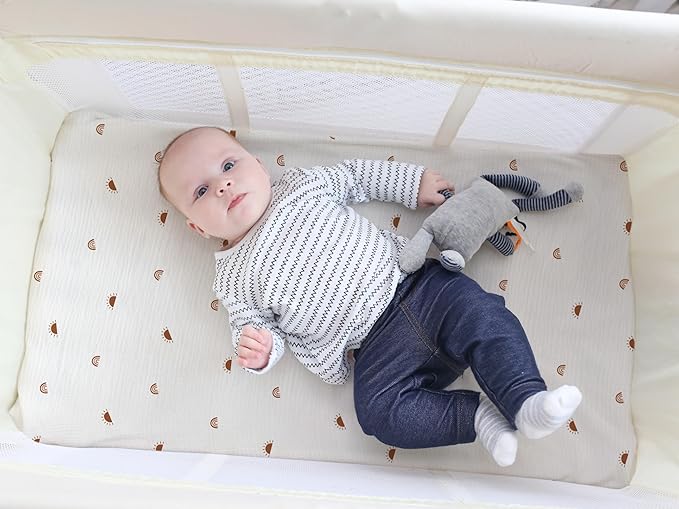 Meracorallo Muslin Mini Crib Sheet, Pack n Play Fitted Sheet, Soft and Breathable Pack and Play Playard Mattress Sheet for Baby Boys and Girls, Sun Rainbow