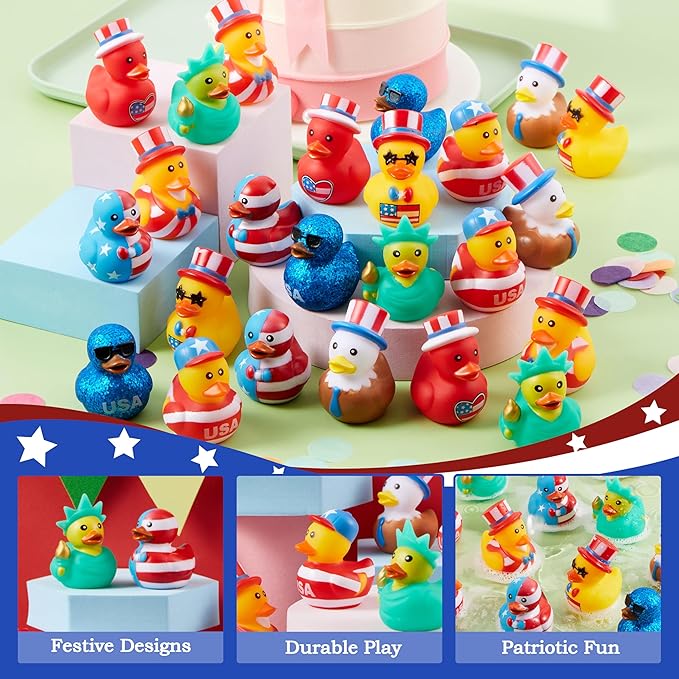 JOYIN 24 Pcs Patriotic Rubber Ducks, Red White Blue 4th of July Bulk Ducks with 8 Designs, Independence Day Duck with Flag Prints, Patriotic Party Favor Gift Bath Toy Supply for Kids Toddlers