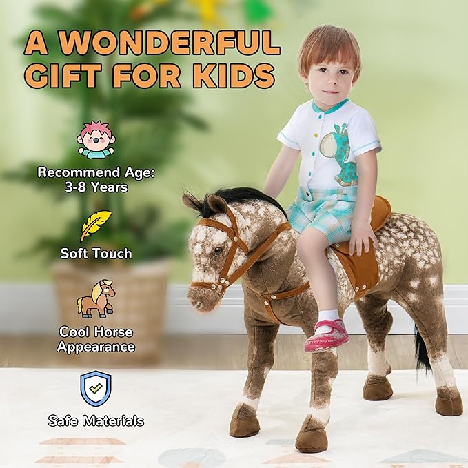 Qaba Ride on Horse, Riding Horse with Neighing Sound, Saddle, Ride on Animal for Kids Boys Girls 3-8 Years Old, Brown