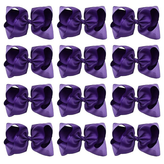 DEEKA 12 PCS 6" Big Hand-made Grosgrain Ribbon Hair Bow Alligator Clips Hair Accessories for Little Teen Toddler Girls - Purple