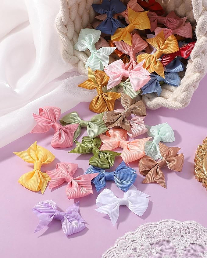 doboi 50PCS 2.5'' Baby Hair Clips Small Bows Fully Lined Grosgrain Boutique Solid Ribbon Small Bows for Girls Teens Infants Kids Toddlers Newborn (Gentle colors)