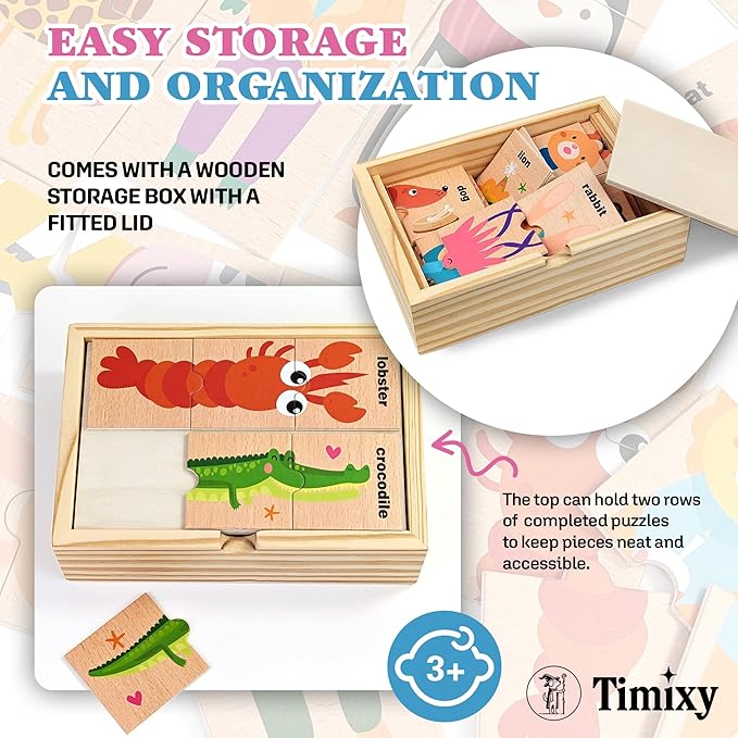 Montessori Wooden Puzzle for Toddlers, Wood Puzzle for Kids Ages 3-5, Animal Matching Game, Preschool Learning Toy, Educational Activity for 3 Year Old Boy Girl Birthday Gift, 48pc with Storage Box