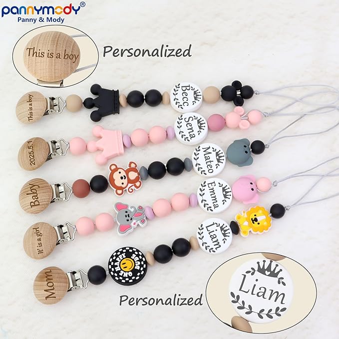 Personalized Pacifier Clip with Name, Custom Animal Pacifier Clips for Boy Girl, Personalized Custom Baby Gifts for Newborn (Mouse-Black)