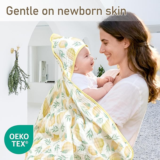 Hooded Baby Bath Towels 2 Pack 32x32 Inch, 100% Cotton Soft & Highly Absorbent, Cute Starry Waves & Pear Prints, Baby Towel Set with Wash Mitts, Gentle for Newborn, Infant & Toddler