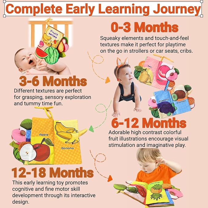 Baby Crinkle Books 0-6-12 Months, Infant Soft Cloth Tummy Time Toy for Babies 0-1-2-3-4-5-7-8-9-12-18 Month Old, Newborn Girl Boy Gift Touch Feel Sensory Fruit Theme Book Travel Stroller Toys