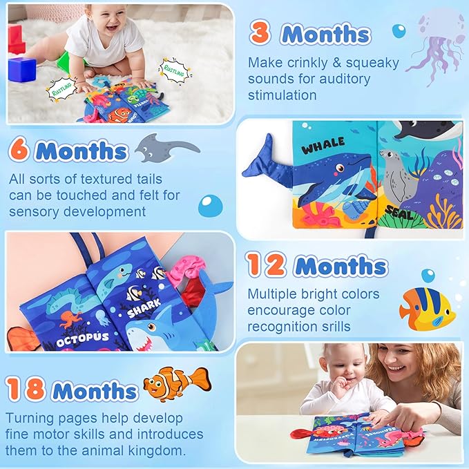 BBWOO Soft Baby Book Toy - Newborn Boy Girl Shower Gift - Tummy Time Toy for Infant 0-6 6-12 Months - Touch and Feel Sensory Crinkle Book with Teether - Baby Boy Girl Gift - Easter Basket Stuffers
