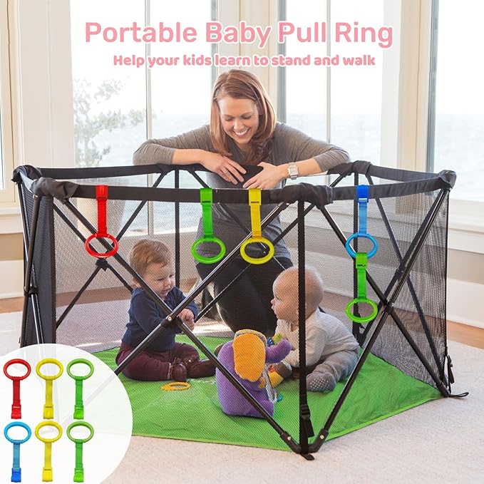 6PCS 4 Colors Baby Playpen Pull up Rings-Plastic Crib Pull Rings Walking Exercises Assistant Stand Up Cot Hanging Ring for Infant Baby Toddler