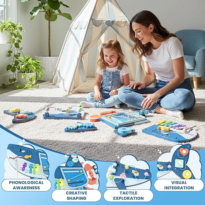 Easyego Shark Wall Busy Board Panels, Montessori Sensory Activity Center - Wooden Educational Toys for Toddlers, Promotes Holistic Development, Holiday/Birthday Gift for Boys & Girls
