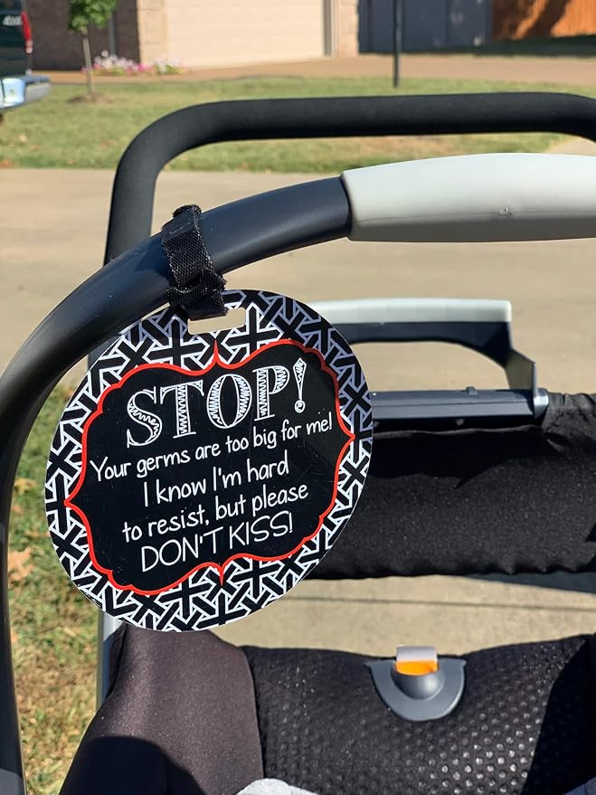 Three Little Tots Two Pack - No Kissing and Blue Mommy No Touching Baby Car Seat and Stroller Signs - CPSIA Safety Tested