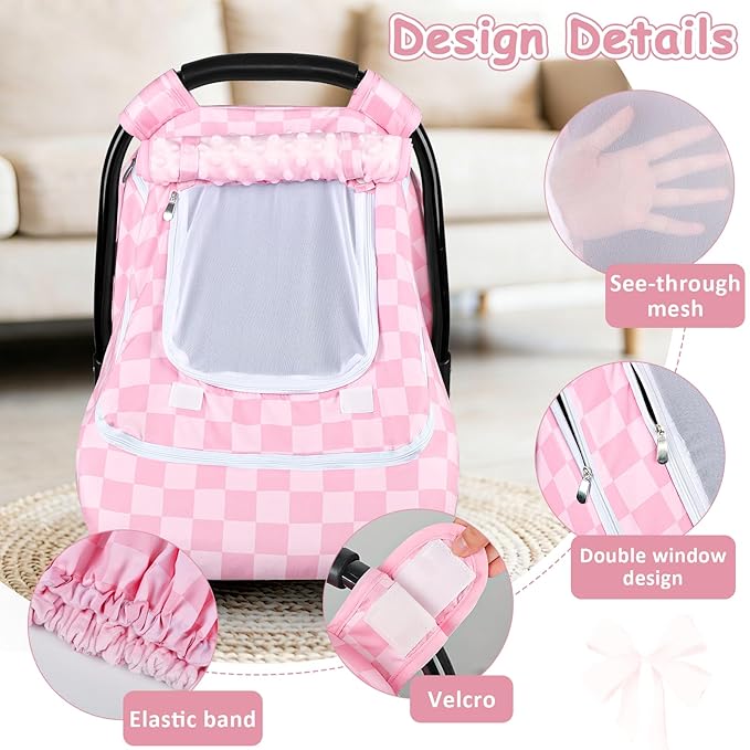 Baby Car Seat Cover with Mesh Window, Windproof Carseat Cover for Infant Girls, Infant Carseat Canopy with with Dual Zipper, Compatible with Most Baby Car Seat, Pink Checkered