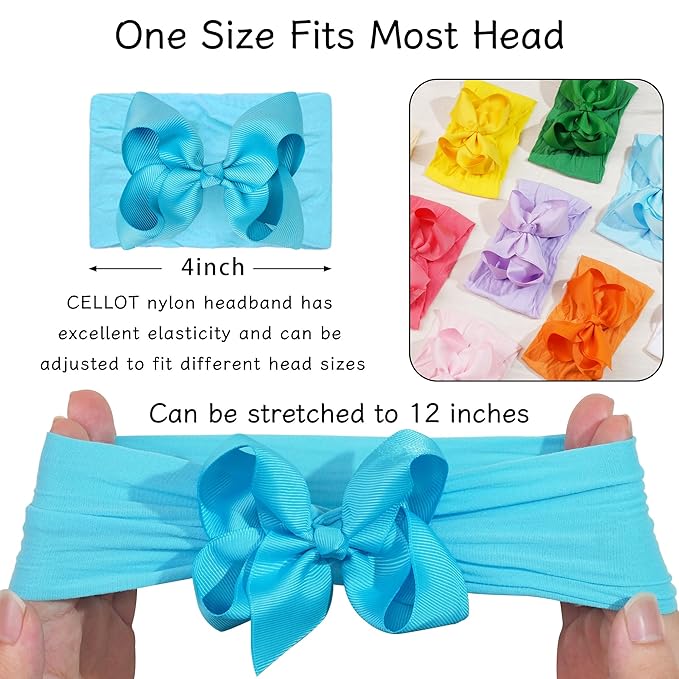 CÉLLOT 20 Colors Baby Girl Headbands with 4 Inches Hair Bows Nylon Turban Head Wraps Headbands for Newborn Infants and Toddlers