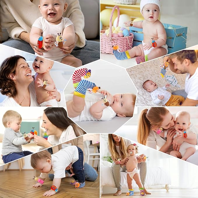 PADONISE Baby Wrist Rattle Socks and Foot Finder Set Baby Rattles Toys for 0-12 Month, Infant Girl Boy Toys for Babies 3-6 Months, Newborn Hand & Foot Toys for 0 to 9 Months, Baby Easter Gifts